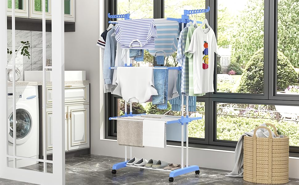 Вертикальна сушарка для білизни SIMPDIY з 6 складаними крилами та колесами, підлогова баштова сушарка для одягу для дому та вулиці, синя