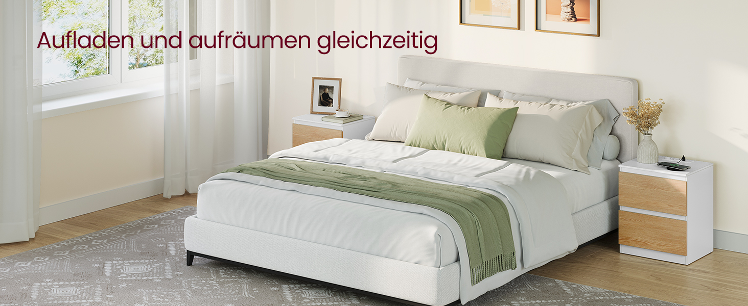 Приліжкова тумбочка VASAGLE Kailyn з розетками, 2 ящики, 2 AC-розетки, 2 USB-A порти, для спальні, хмарно-білий LET62W02