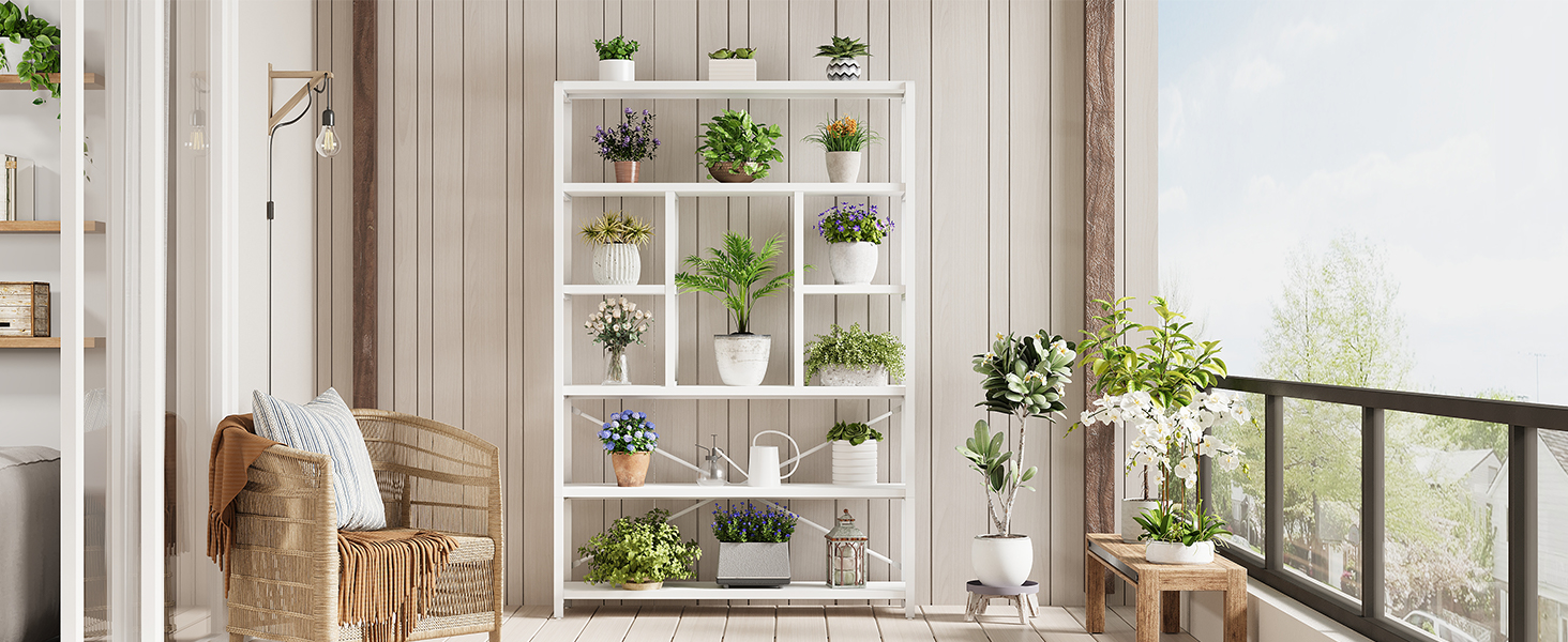 Стильна полиця-стелаж LVB з 6 полицями для вітальні, спальні, офісу. Дерево та метал, білий колір, 30 x 120 x 180 см