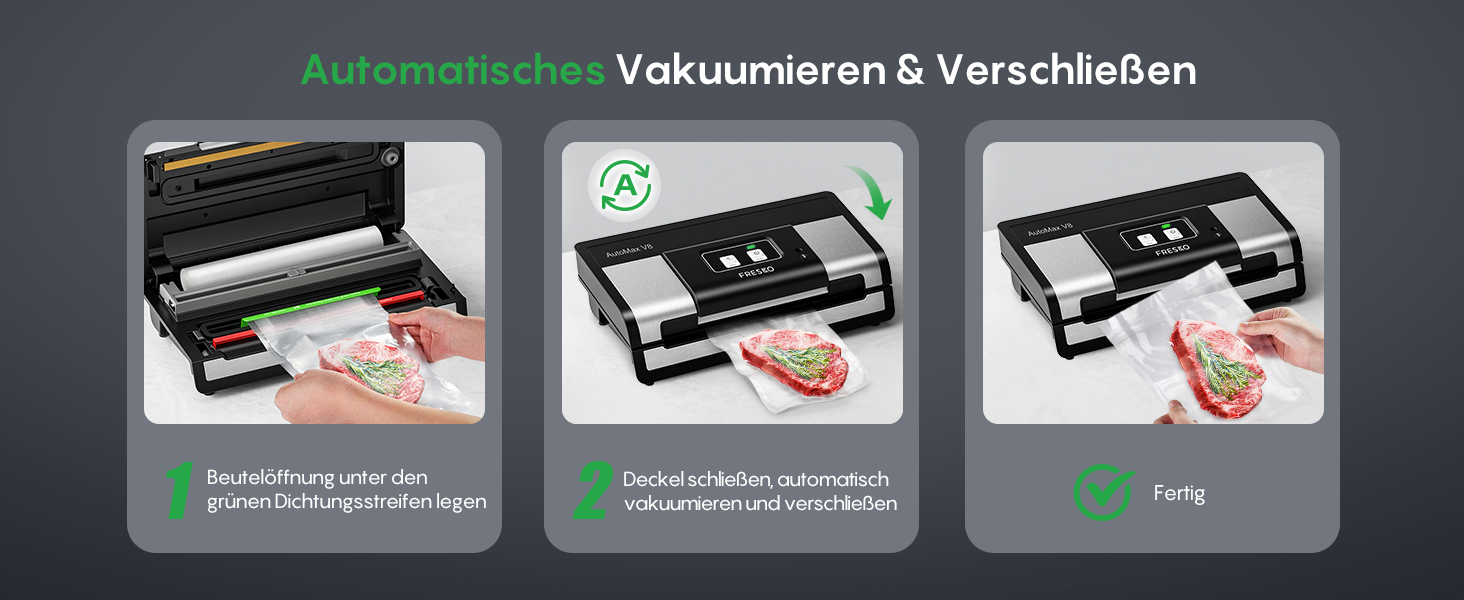 Вакууматор FRESKO Automatik для продуктів: автоматичний вакуумний пакувальник з турбо-потужністю 18л/хв, керування однією кнопкою, комплект з 2 рулонами для пакетів