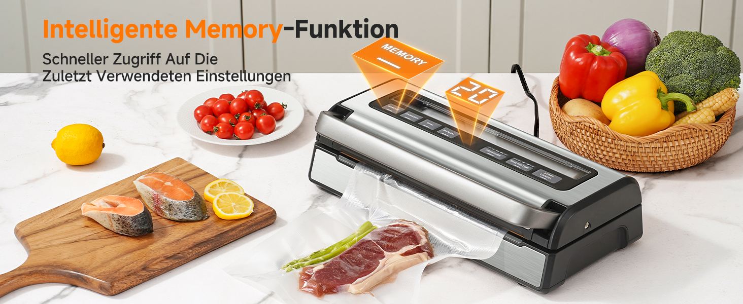 Вакууматор для продуктів 9-в-1 з потужністю 95 кПа, регулюванням часу та тиску, функцією пам'яті, подвійним запаянням, вбудованим різаком та відсіком для пакетів, корпус із нержавіючої сталі, у комплекті 2 ролини та шланг