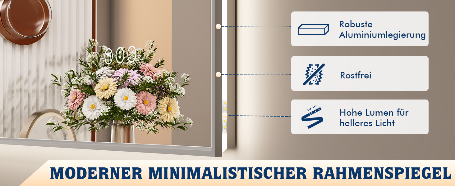 LED дзеркало для ванної кімнати 60x80 см з підсвічуванням, сенсорне, регулювання яскравості, 3 кольори світла, проти запотівання, водонепроникне IP44, горизонтальне/вертикальне