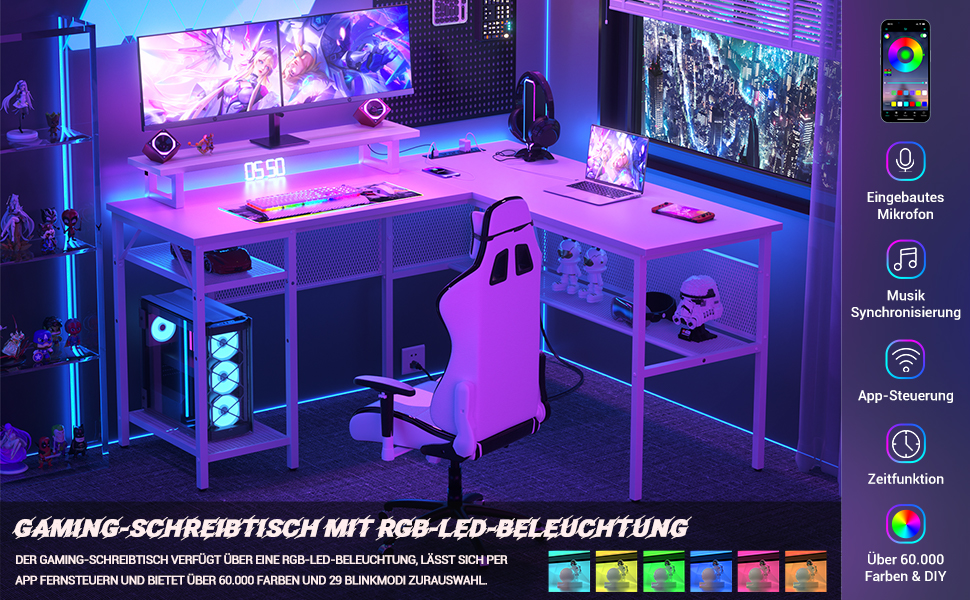 L-подібний ігровий стіл, 141x117x76 см, комп'ютерний стіл з полицею, офісний стіл з поворотним кутом для навчання, ігор, home office (білий)