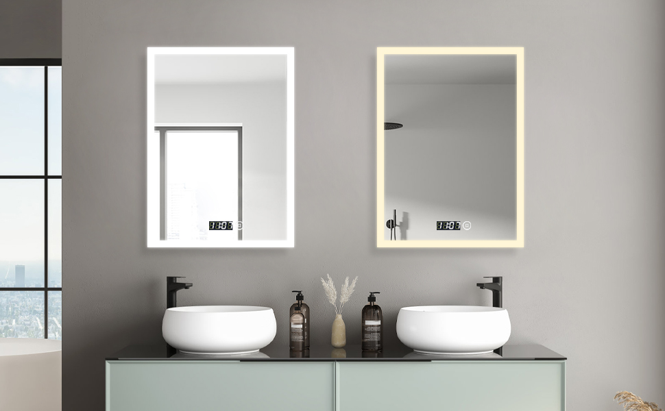 Дзеркало для ванної кімнати з підсвічуванням та годинником 50x70 см. LED дзеркало з сенсорним керуванням, 3 кольори світла, регулювання яскравості, 2470LM, стиль JB