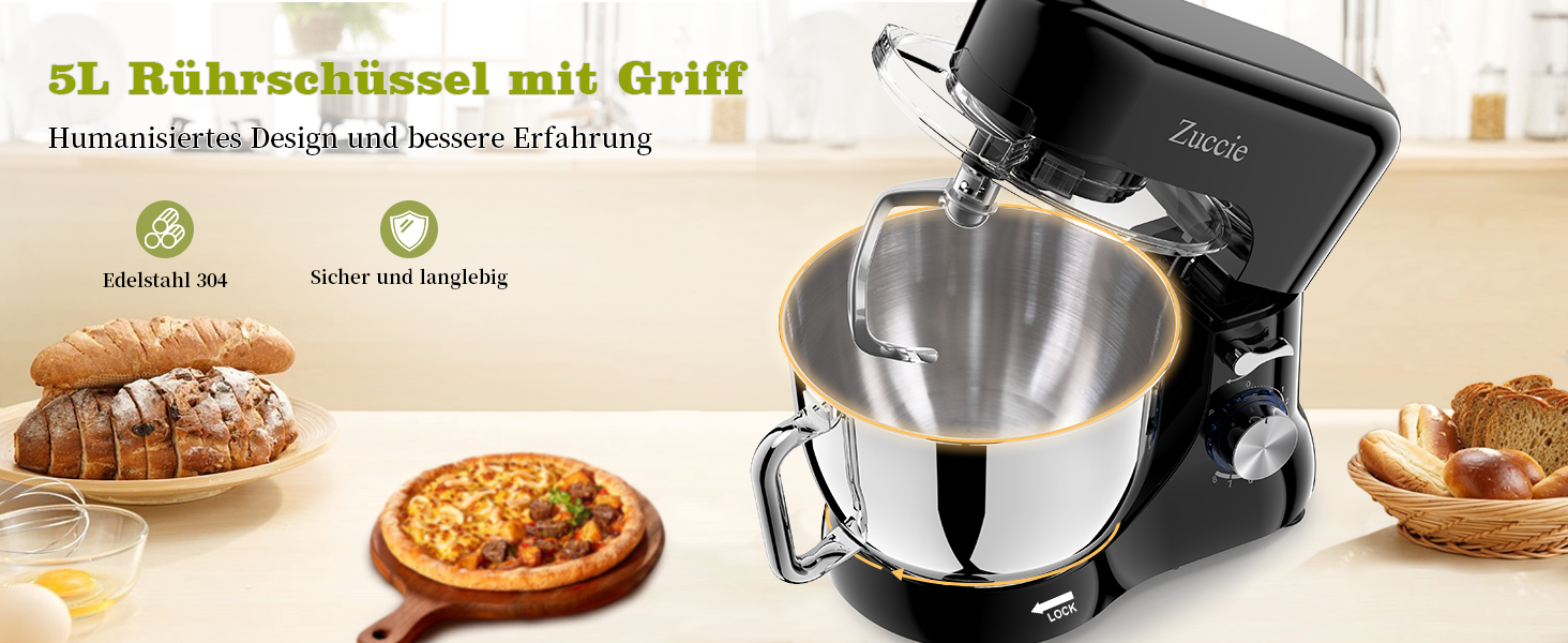 Кухонна машина Zuccie з тихою роботою, 5л чаша з нержавіючої сталі, 3 насадки, сплітц-захист, скребок для тіста та роздільник яєць, 8+P швидкості, для приготування тіста (білий/чорний)