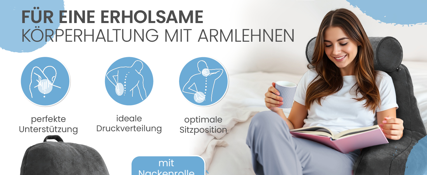 Подушка для спини ELONEO з підлокітниками – для ліжка та дивана. Зробить підтримку спини, голови та шиї більш комфортною (з роликом для шиї)