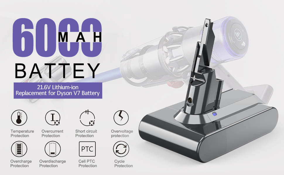 Змінна батарея V7 6000 мАг для моделей Dyson V7 Animal, Absolute, Motorhead Pro, Пухнастий, Матрац