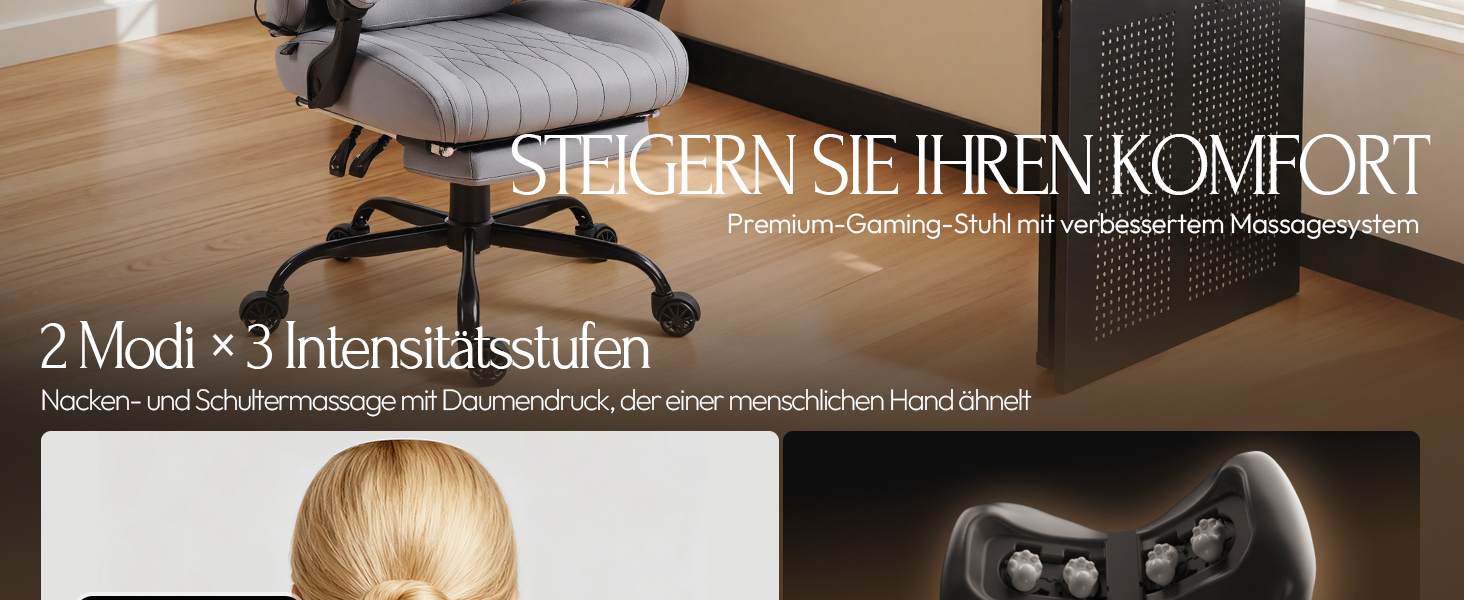 Ігровий крісло Dowinx з масажем, ергономічний дизайн, підтримка попереку та шиї, до 135 кг, шкіра, чорний (сірий), для дорослих