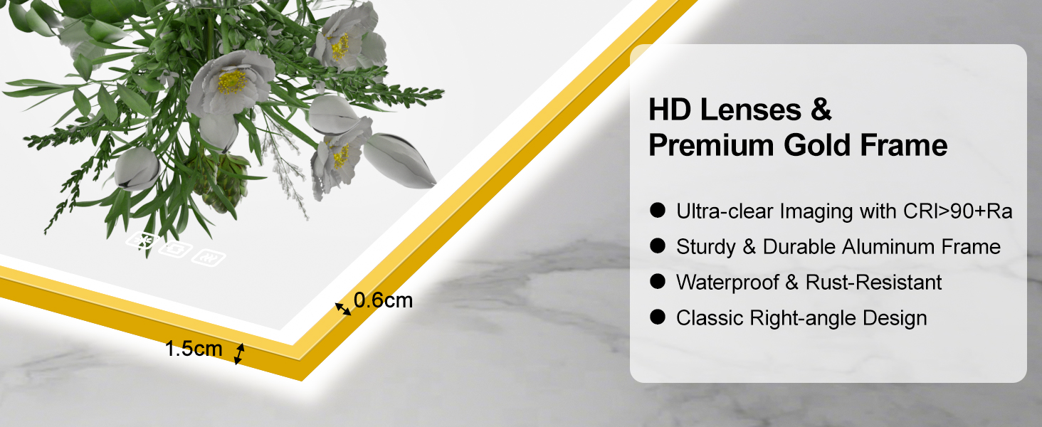 Круглий LED дзеркало для ванної кімнати Furduzz з підсвічуванням, 700 мм, настінний, сенсорний вимикач, регулювання яскравості, 3 кольори, проти запотівання, інтелектуальна пам'ять (модель 2, золота рамка, 70 x 50 см)