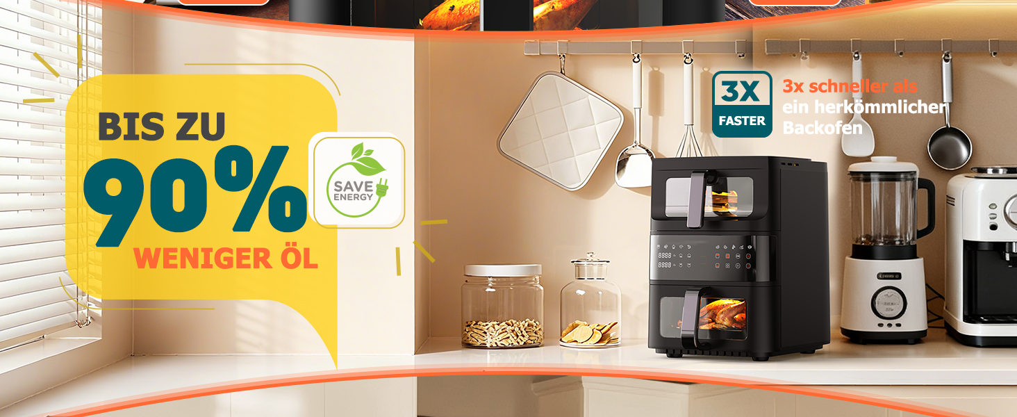 Фритюрниця без олії Heißluftfritteuse з подвійним набором камер 10л з оглядовим вікном, 10-в-1, сенсорне управління, таймер, економна, чорна 3.5л+6.5л