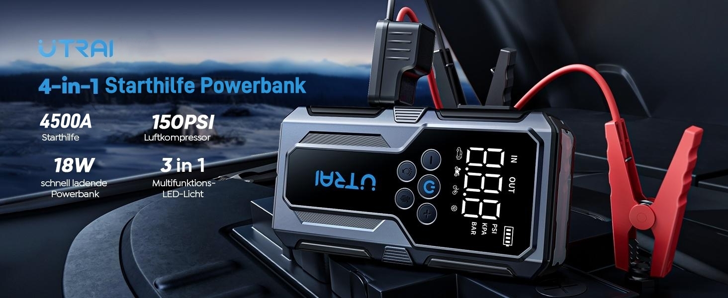 Powerbank-пусковий пристрій UTRAI для автомобіля: 4500A, компресор 150PSI, швидка зарядка 18W, ліхтарик, 8.5L бензин/6.5L дизель