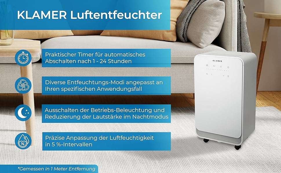 Осушувач KLAMER електричний 195 м з циркуляцією повітря на годину, потужний осушувач повітря потужністю 420 Вт, осушувач повітря об'ємом до 5,5 літрів (12 л)