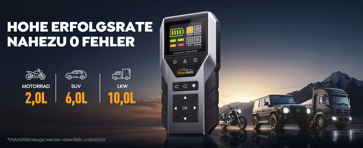 Пусковий пристрій YaberAuto Jump Starter 7000A з OBD2 діагностикою та тестером акумулятора, Powerbank 16800mAh для бензинових та дизельних авто (до 10л), з LED-ліхтарем