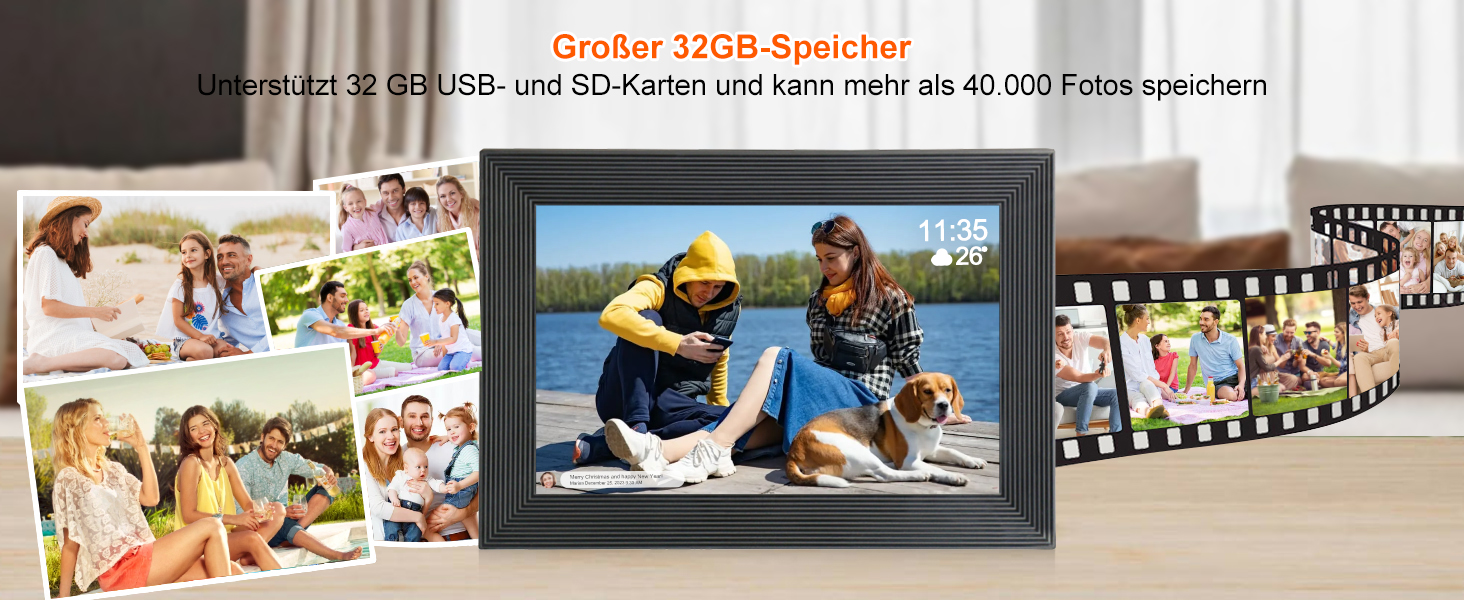 Цифровий фоторамка Frameo WLAN, 10.1 дюйми, LCD сенсорний екран 1280x800, 32GB, автоматичне обертання, підключення Wi-Fi, сумісний з додатком Frameo