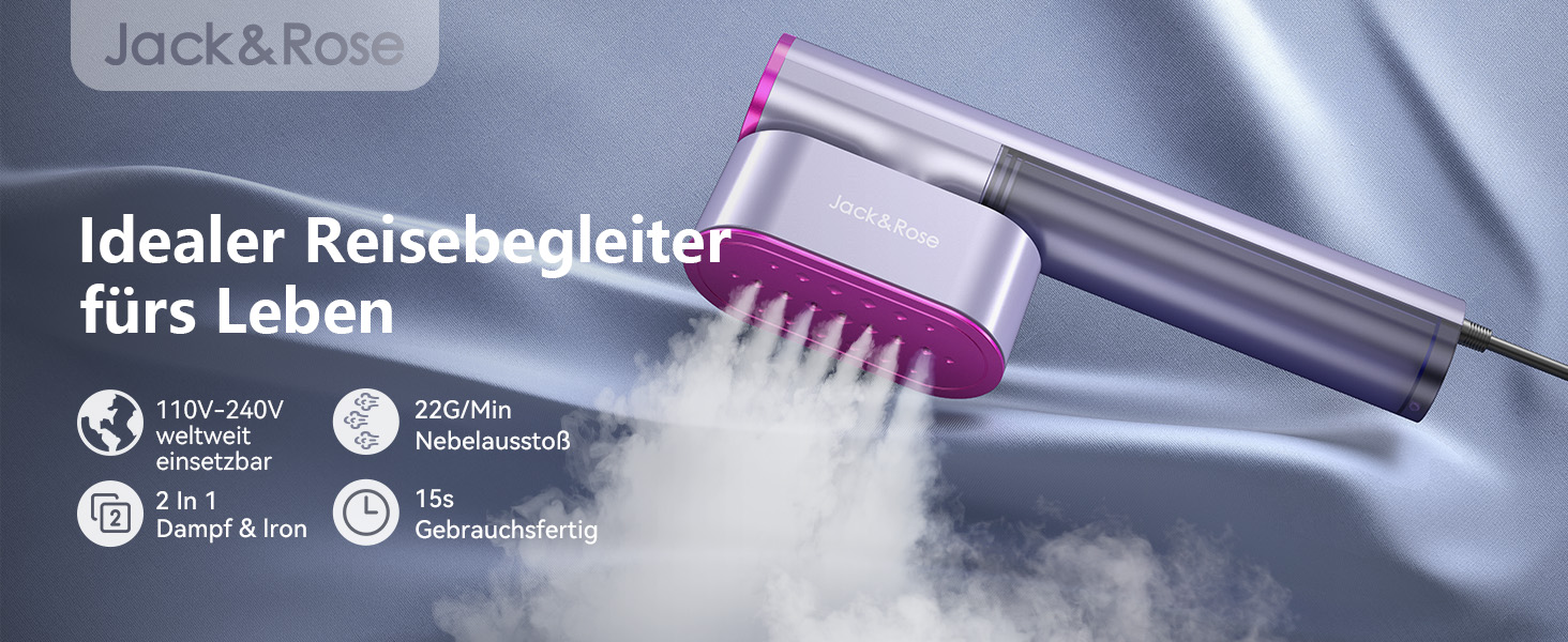 Jack & Rose Дампфглеттер: Портативний праска-парогенератор для подорожей, 1000W, 110-240V, 2-в-1, Швидкий нагрів 15с, Violet