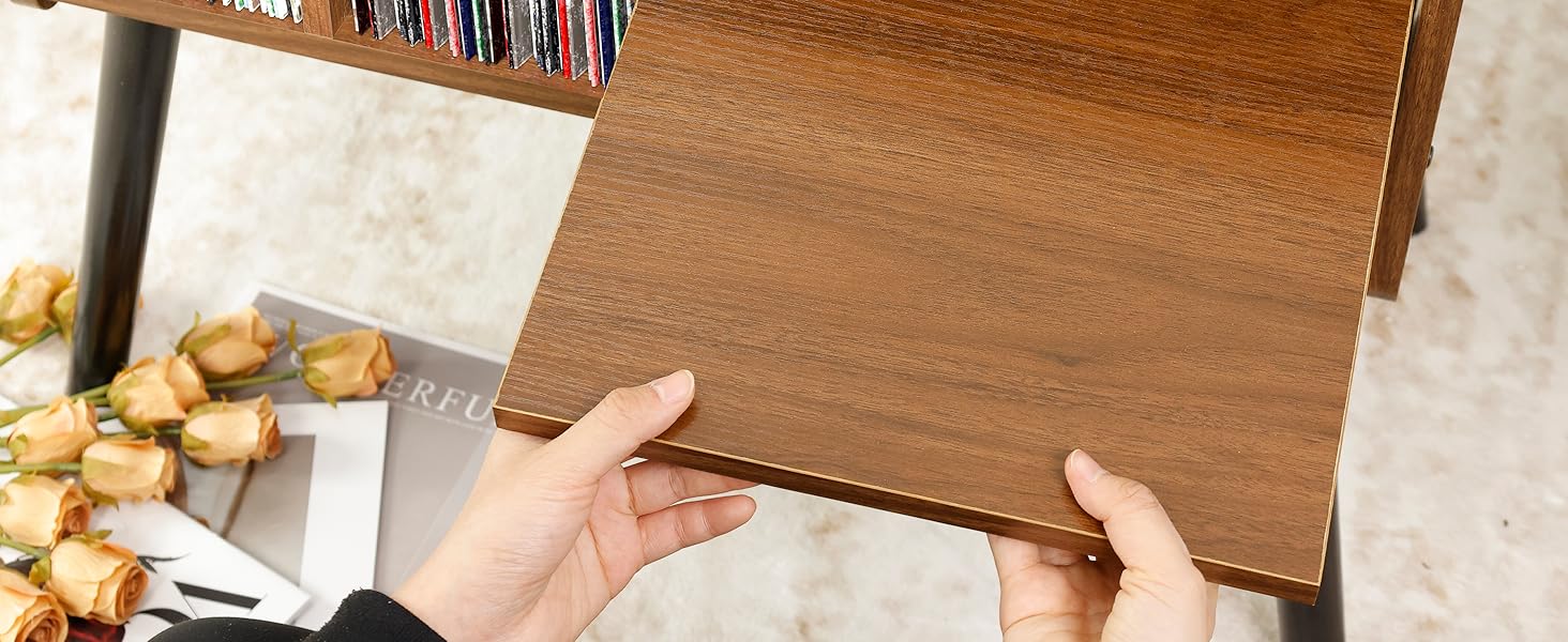 Стіл для програвача, стійка для програвача в стилі середини століття з місцем для зберігання вінілу (до 150+ платівок), шафа для вінілових платівок з регульованими полицями, дуб