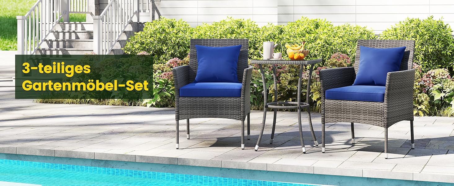 Набір садових меблів GIANTEX для балкона: стіл та 2 стільці з ротангу, комплект на 2 особи, з подушками (бежевий)