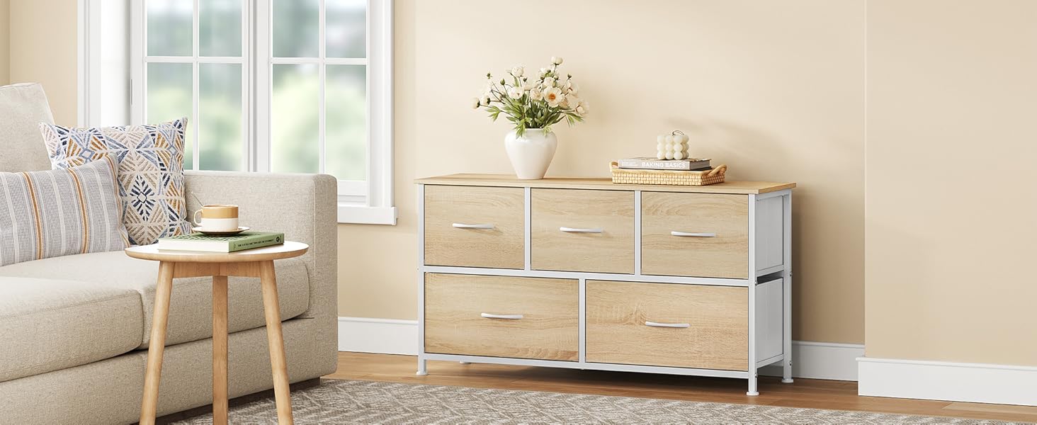 Комод WOLTU з 5 висувними ящиками з тканини, шафа-комод, тумба під TV, для вітальні, спальні, передпокою, з металевим каркасом та ДСП, білий, SSK005ws, білий (світлий дуб + білий, 5 тканинних ящиків)