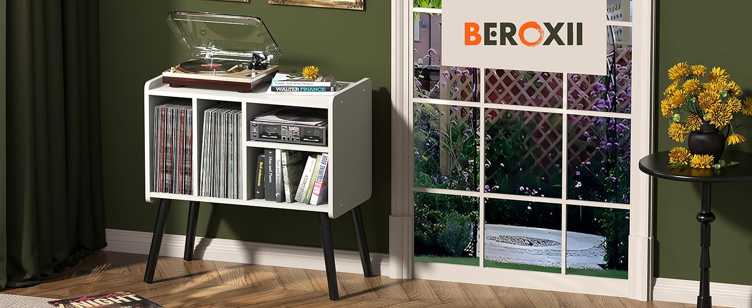 Підставка для програвача, стіл з місцем для зберігання до 150 альбомів, регульовані полиці, дерев'яний поворотний столик білий/оптимальний сад