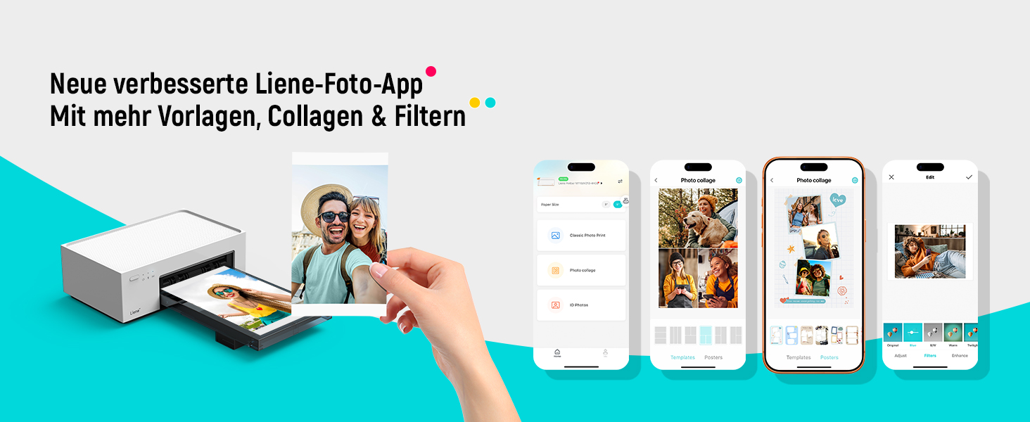 Портативний фотодрук для смартфонів Liene (10x15 см) + 2 пачки фотопаперу (20+80 листів), WiFi, сумісний з iPhone/Android/PC, 300 DPI, кольорова сублімація, білий
