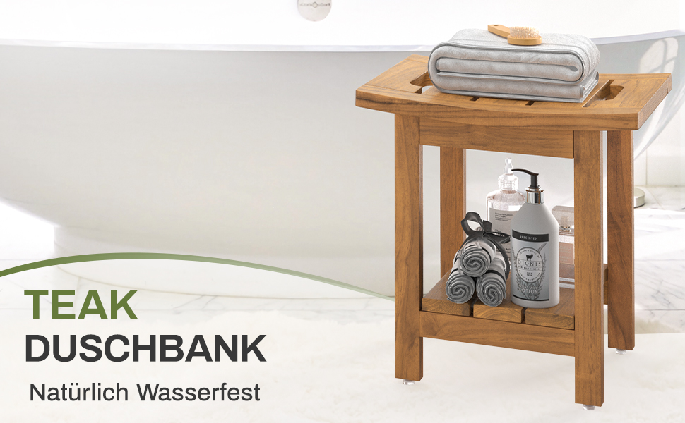 Дзеркало для ванної кімнати LUE BONA з масивного тикового дерева, квадратна лавка для ванної кімнати з дерева, водонепроникний стілець для душу, спа та ванної кімнати, 39.9×29.5×41.4см, (Натуральне тикове дерево)