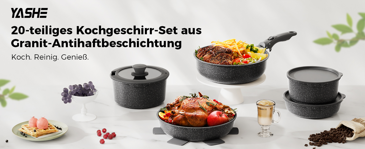 Набір каструль та сковорідок YASHE 20 предметів з знімними ручками, антипригарне покриття, для індукційних плит, термостійкий до 230°C, можна мити в посудомийній машині, складається, сірий та білий (сірий)