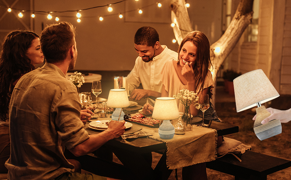 INTELIVE Бездротова керамічна настільна лампа з таймером, димером, лляним абажуром та пультом дистанційного керування. Акумуляторна, сучасний дизайн Mid Century.