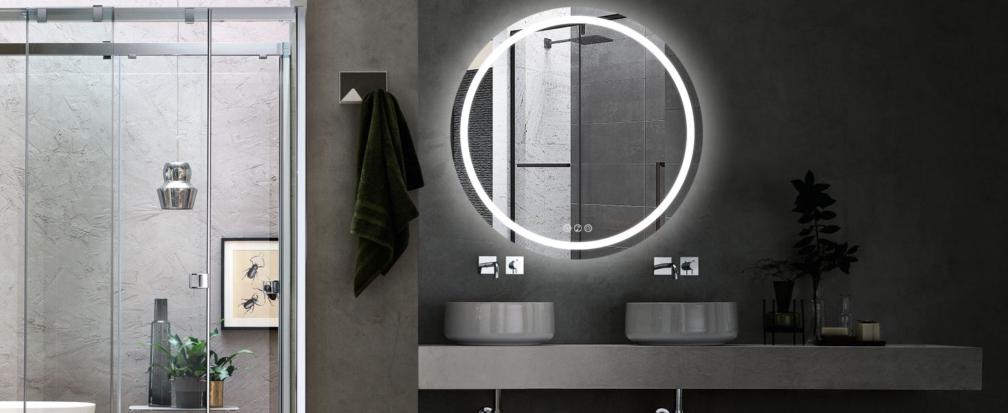 Дзеркало для ванної кімнати з підсвічуванням, 60 см, кругле, з антизапарюючим покриттям, диммер, 3 кольори світла, 60x60 см