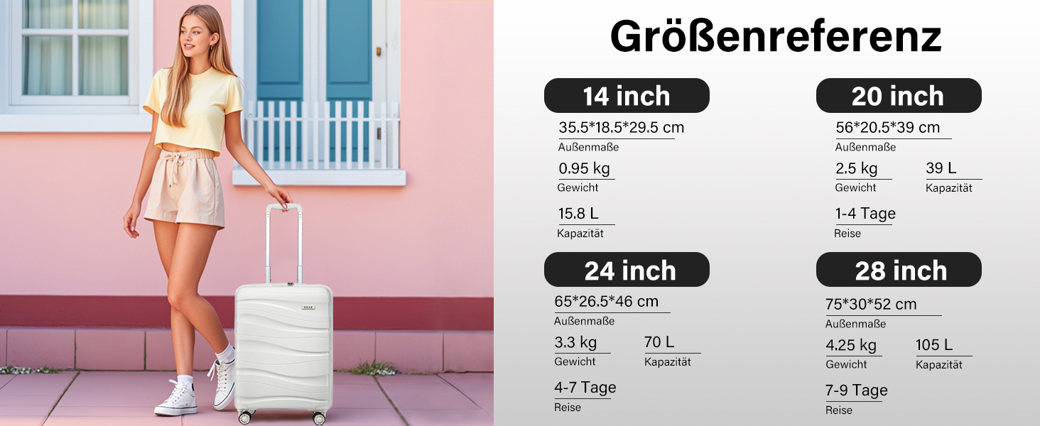 KONO Чемодан середнього розміру 65 см з поліпропілену з TSA замком, 65x46x26.5 см (Крем-білий)