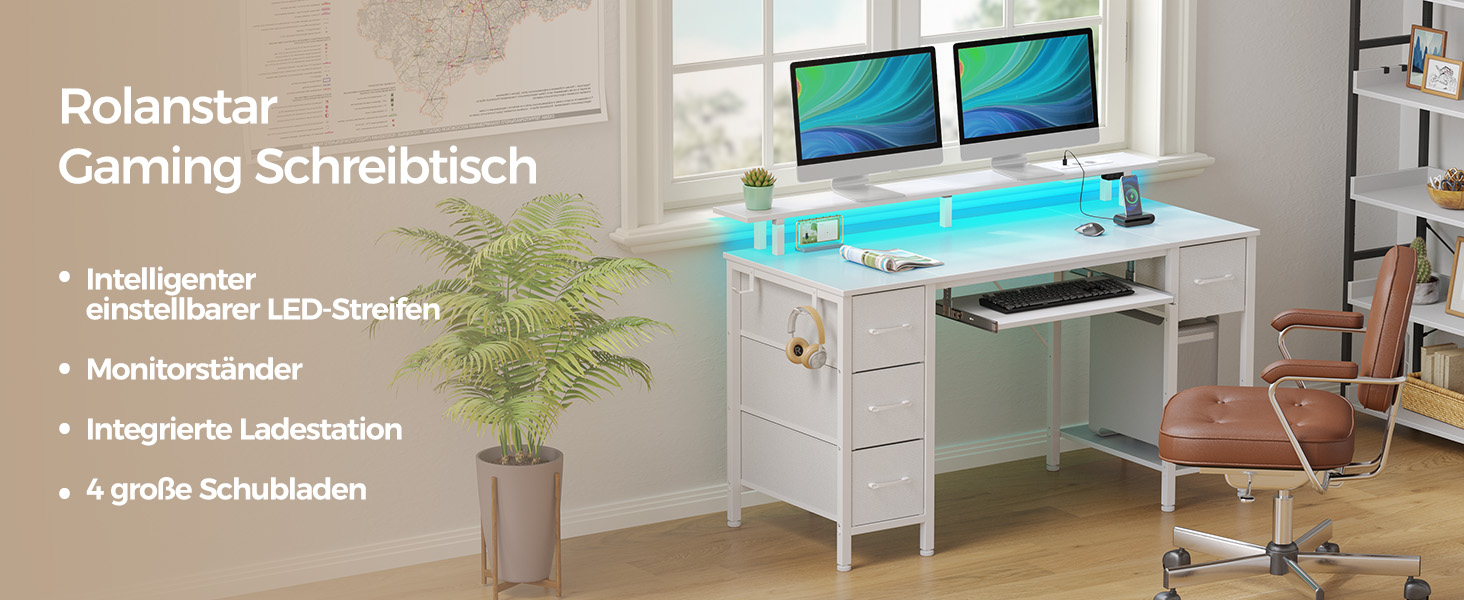 Стіл Rolanstar з шухлядами, 120x47 см, ігровий стіл з розеткою, LED-підсвітка та підставка для монітора, стіл для комп'ютера з підставкою для клавіатури, білий