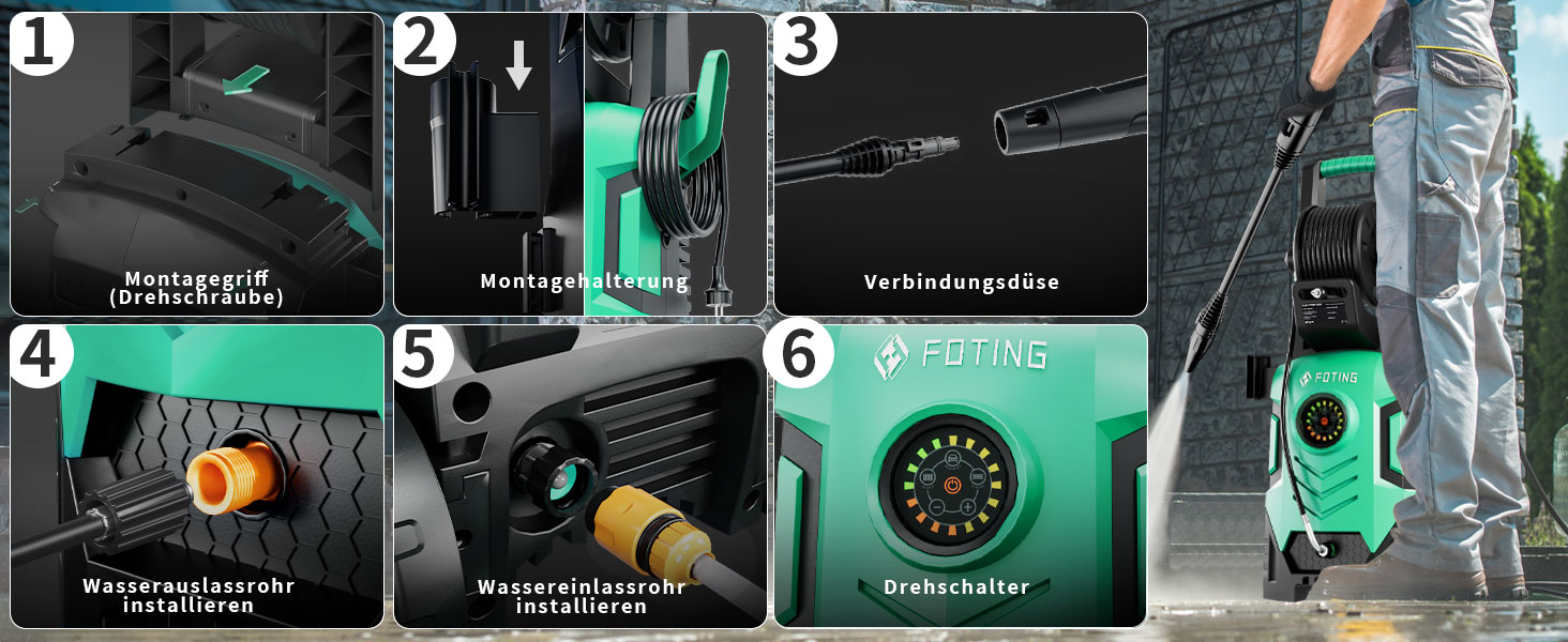 Високотискний мийник 2026 Neu 180 бар, 6-в-1 насадка, 420 л/год, 50 м²/год, економія води, з піноплавником 500 мл та барабаном для шланга (33x32x86 см, блакитний)