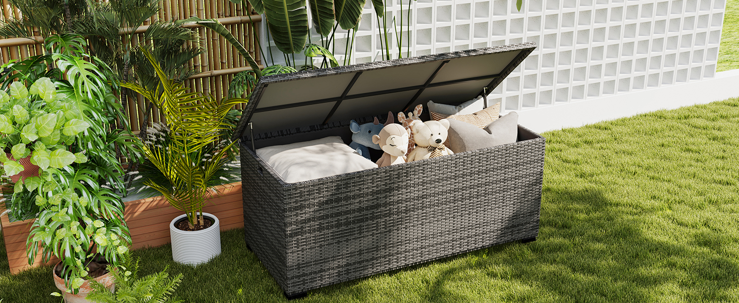 Водонепроникний садовий ящик Amopatio Gartenbox 650л з поліротангу, сірий. Ящик для подушок, металева коробка для зберігання з газліфтами для саду, балкону