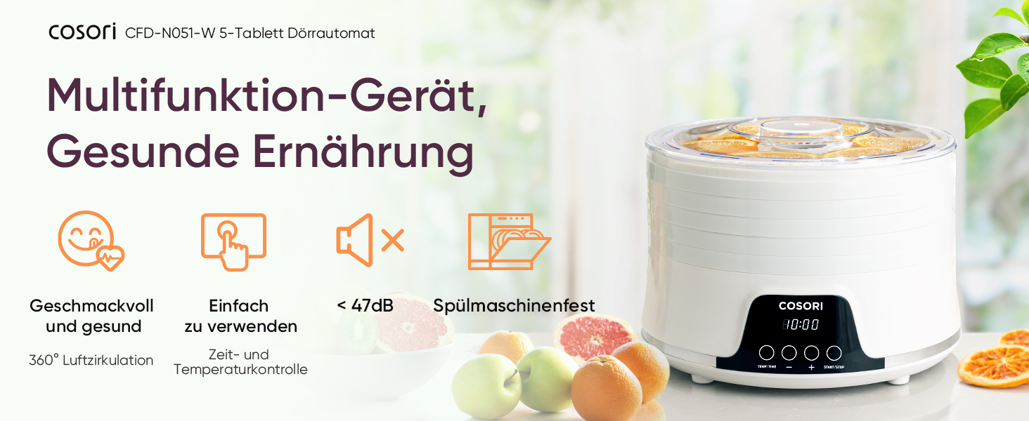 Дегідратор Cosori Food Dehydrator, сушарка для овочів та фруктів, 650 Вт, 5 лотків, таймер на 48 год, діапазон температур 35-75°C, білий