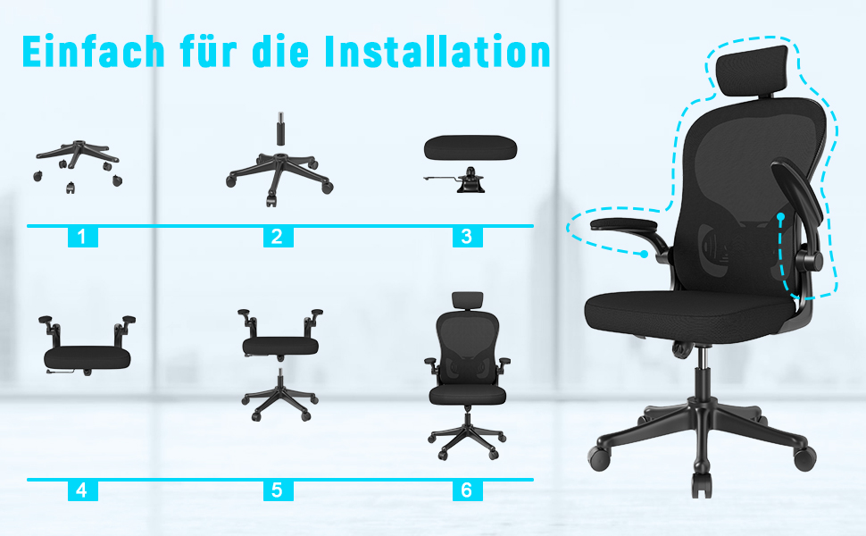 Офісний стіл Ergonomischer Bürostuhl з дихаючою сіткою, регульовані підлокітники, підголівник, поперекова підтримка, регулювання висоти, поворотний стілець на 360°, темно-чорний