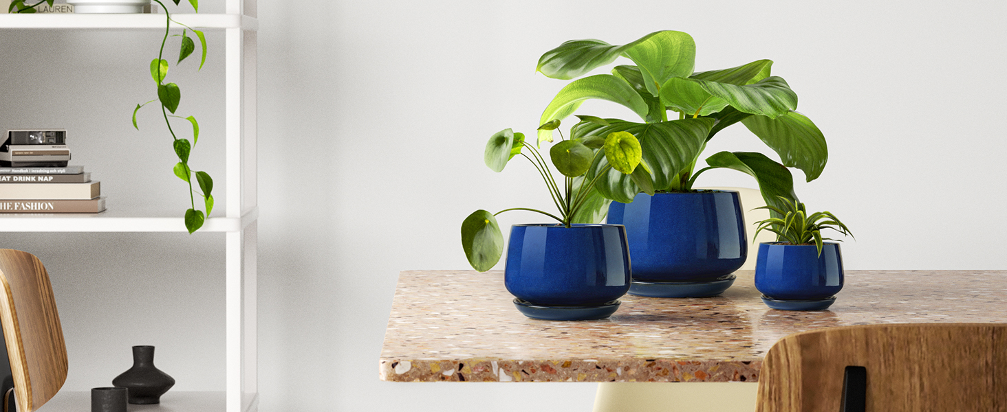 Керамічні горщики LE TAUCI з підставкою, 10+13+16 см, набір з 3 горщиків для кімнатних рослин, з дренажним отвором, колір Сафіровий Блакитний