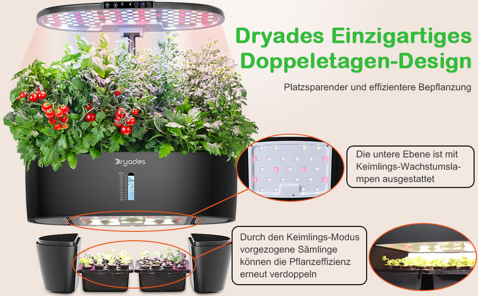 Гідропонна система вирощування: 8 горщиків, 24W LED лампа повного спектру з сигналом про нестачу води | Внутрішній сад для кухні, вітальні, школи | Подарунок для любителів садівництва (16 горщиків - Чорний)