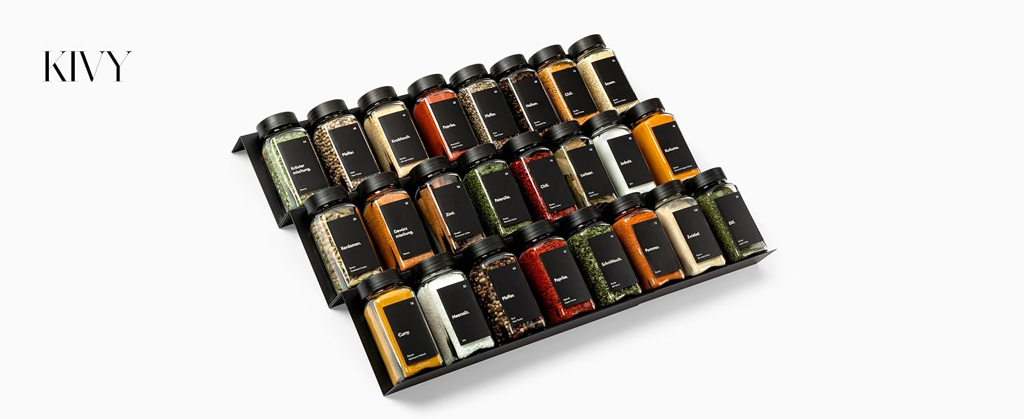 Органайзер для спецій KIVY з полицями та 24 скляними баночками | Регульований, підходить для всіх ящиків | Чорний колір