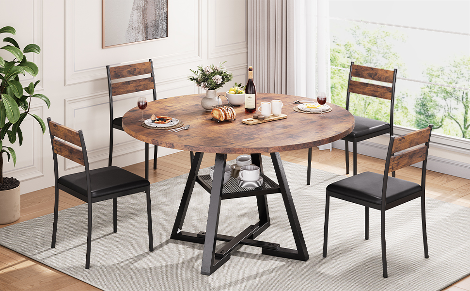 Круглий обідній стіл на 2-4 особи з поличкою, дерев'яний кухонний стіл в індустріальному стилі (Vintage Braun, 107x107x76 см)
