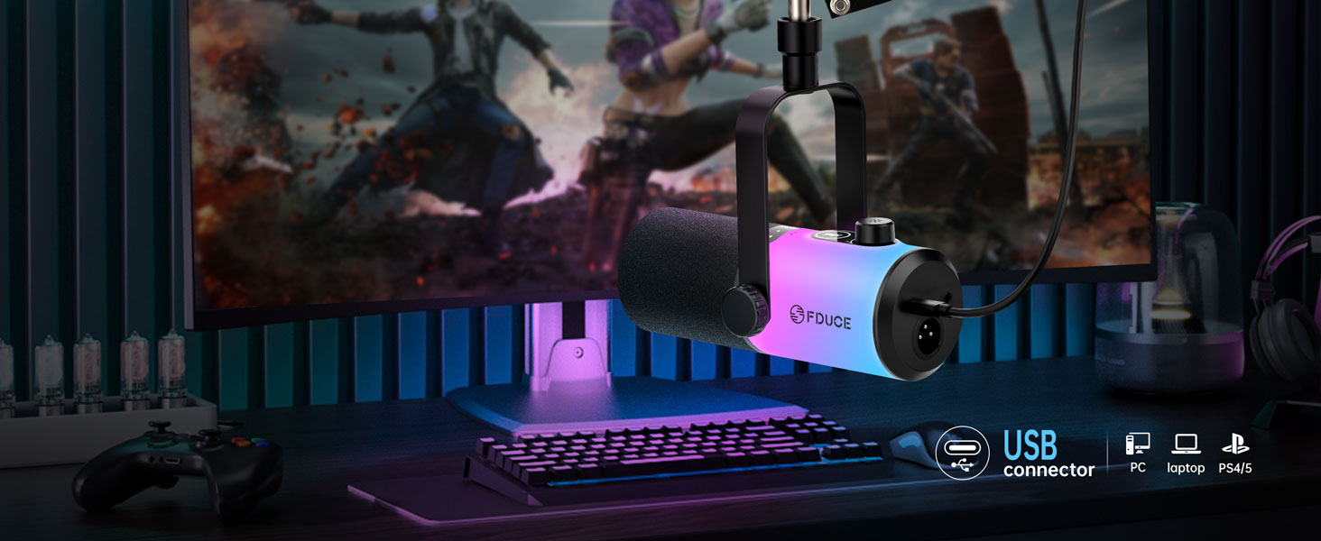 Ігровий мікрофон FDUCE з USB/XLR підключенням для стрімінгу, запису подкастів та ігор. RGB-підсвічування, регулювання чутливості, навушник, кріплення-павук (D20+)