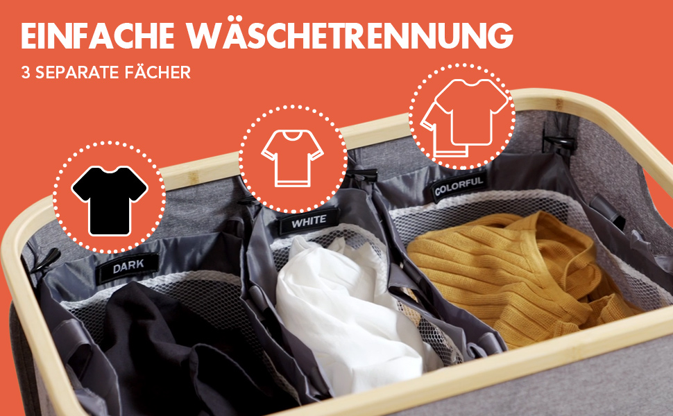 Кошик для білизни Southgate 145L з 3 відділеннями та кришкою, сірий