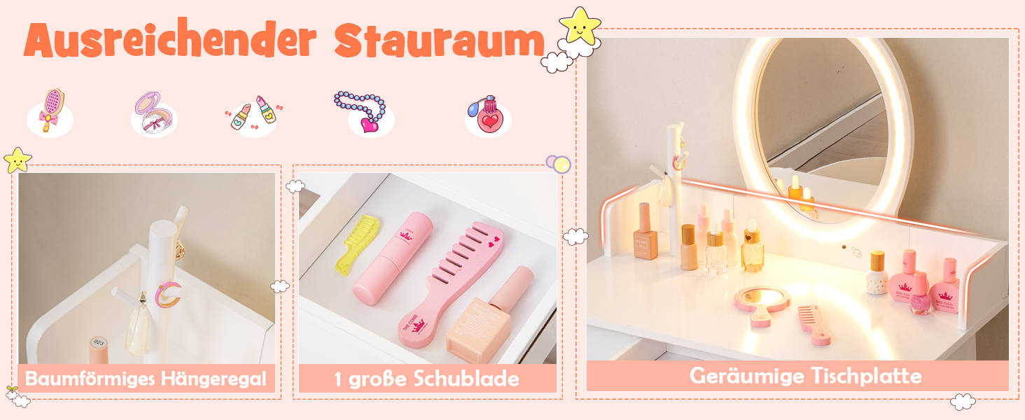 Дитячий туалетний столик DREAMADE з LED-дзеркалом та ніжками з бука, принцесовий туалетний столик з шухлядою та стійкою для прикрас, дитячий туалетний столик з пуфом для дівчаток (Рожевий)