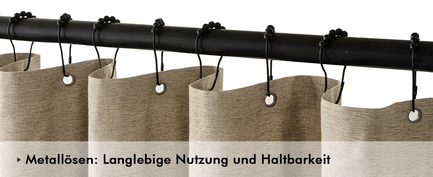 Шторка для душу MIULEE 120x200 см, льон, текстурована, з чорною окантовкою, готельний стиль, водонепроникна, антигрибкова, тканинна, з 8 кільцями, бежева