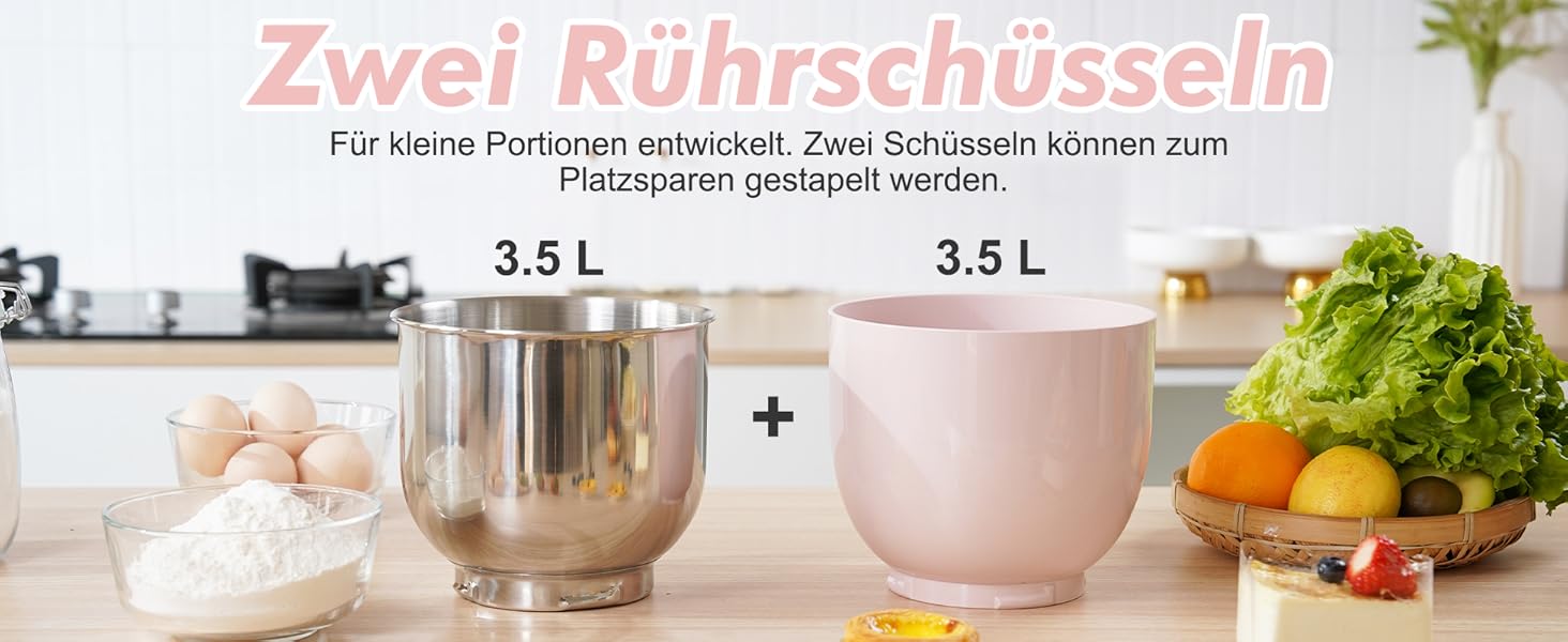 Кухонна машина Kitchen in the Box (Рожева) з двома чашами 3.5L, 10 швидкостей, з міксером та гаком для тіста