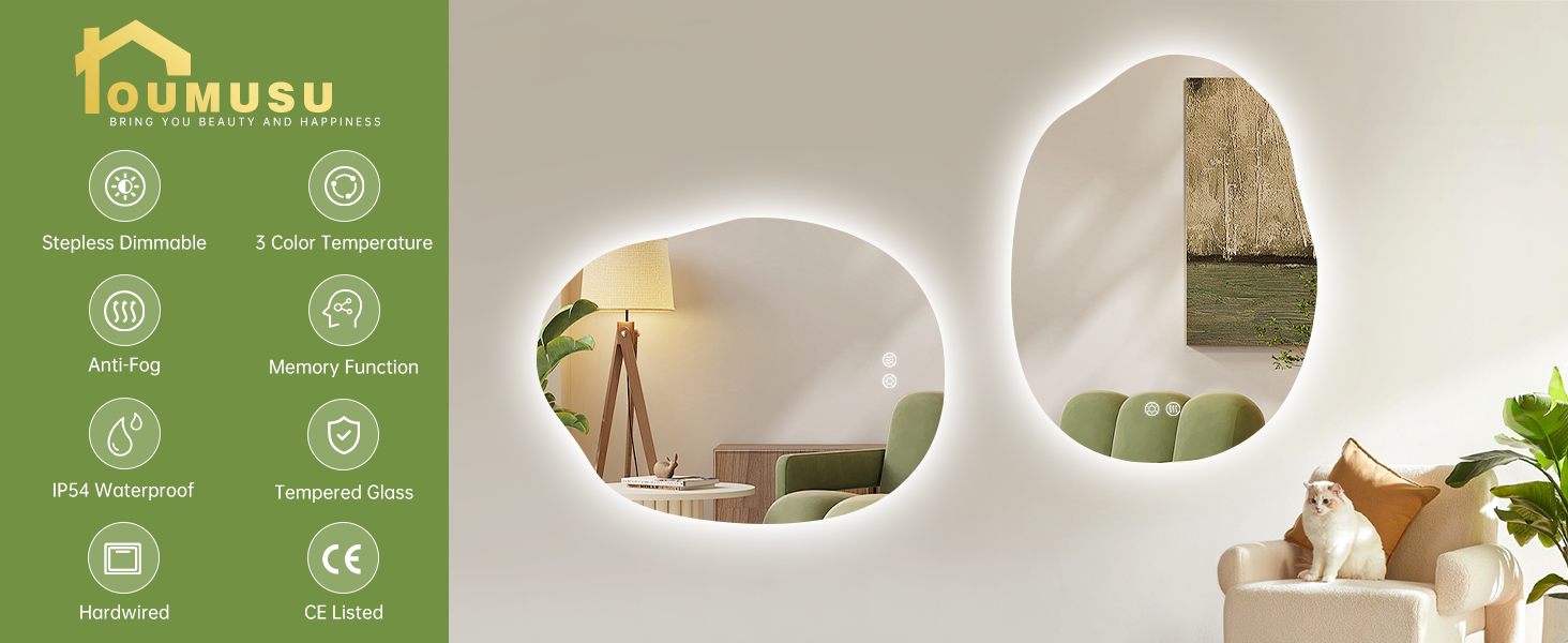 Дзеркало для ванної кімнати OUMUSU з підсвічуванням, арочне, без рами, 50x75 см. Антизапарник, сенсорне управління, регулювання яскравості, 3 кольори світла