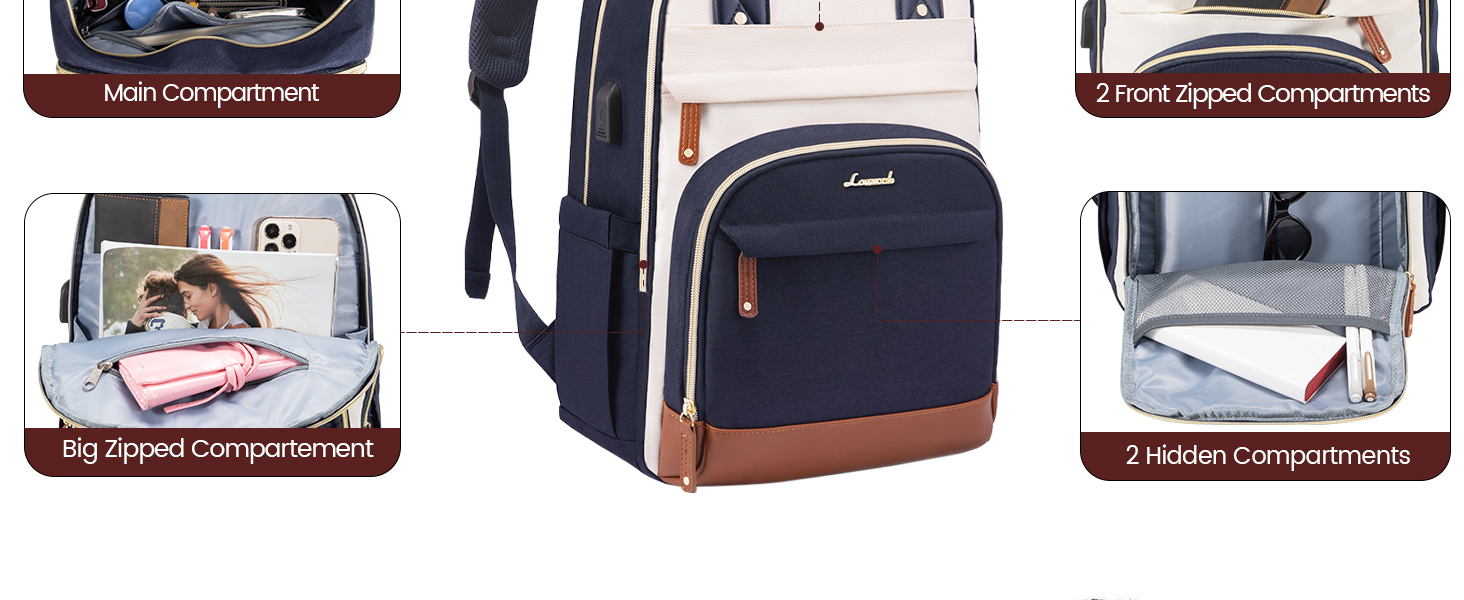 LOVEVOOK Рюкзак для жінок з відділенням для ноутбука 15.6 дюймів, шкільний рюкзак для дівчаток та підлітків, водонепроникний, анти-крадіжка, для школи, подорожей, роботи, легкий, з PU-матеріалу, кольори: бежевий, темно-синій, коричневий