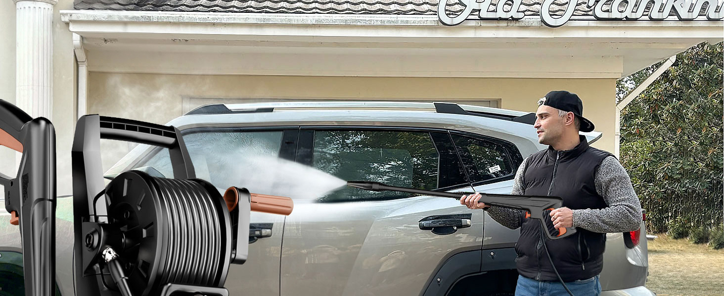 Високотискний мийник 180 бар, 6-в-1 насадка, продуктивність 420 л/год, площа очищення 50 м²/год, економний, з піночистою та барабаном для шлангу, для авто та під'їздів, червоний