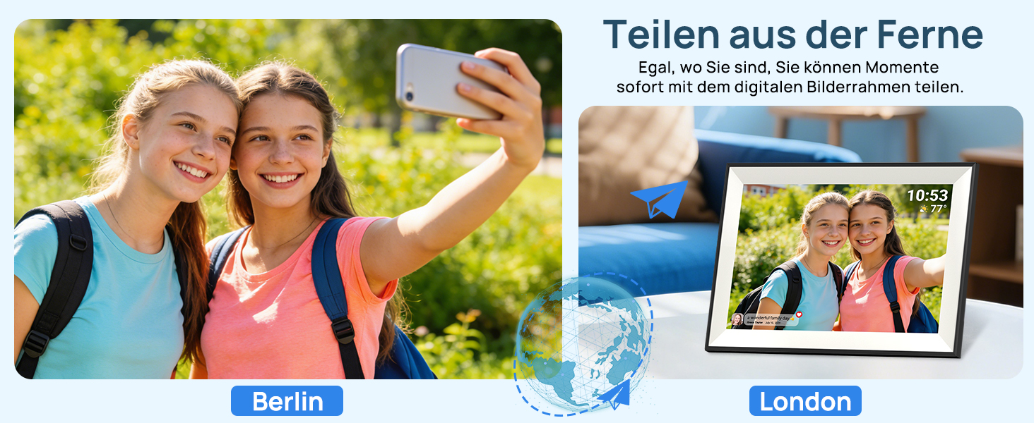 Цифрова фоторамка Frameo 10.1 дюймів WLAN, Full HD IPS сенсорний екран 1280x800, 32GB пам'ять, автоматичний поворот, можливість монтажу на стіну, керування через додаток Frameo (Чорна з білою рамкою)