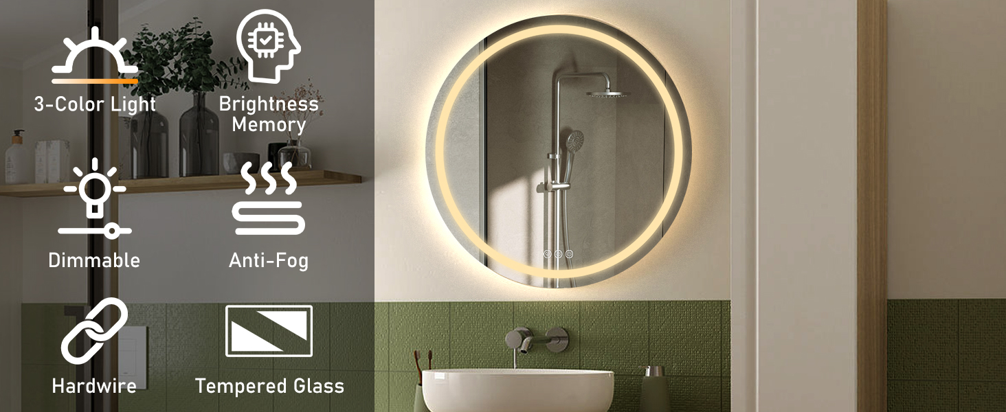 Дзеркало для ванної кімнати з підсвічуванням, 60 см, кругле, з антизапарюючим покриттям, диммер, 3 кольори світла, 60x60 см