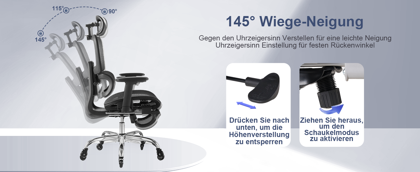 Ергономічне крісло для офісу з підніжкою та подушкою для шиї, 5-рівневе регулювання спинки, 2D підтримка попереку, 3D підлокітники/підголівник, функція нахилу 145°, сітчасте сидіння, гумові колеса, чорний колір, Pro