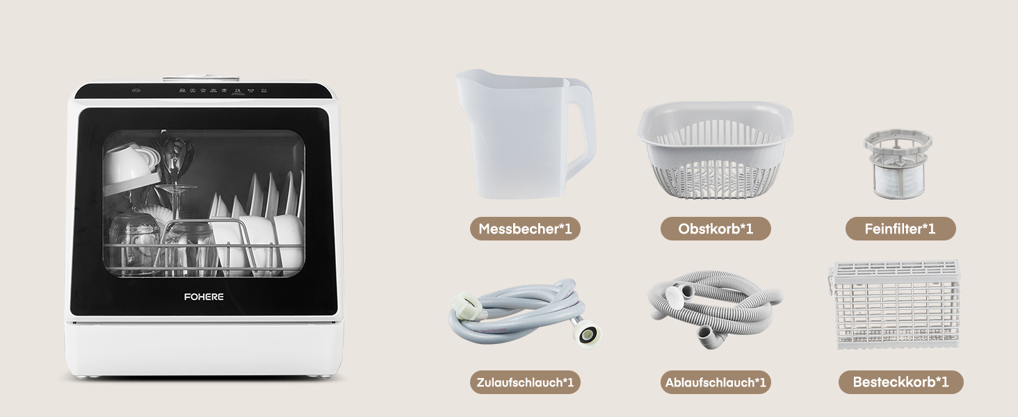 Посудомийна машина Fohere компактна 5л з таймером відкладеного старту (6 годин), 6 програм, для кухні, кемпінгу, автодому